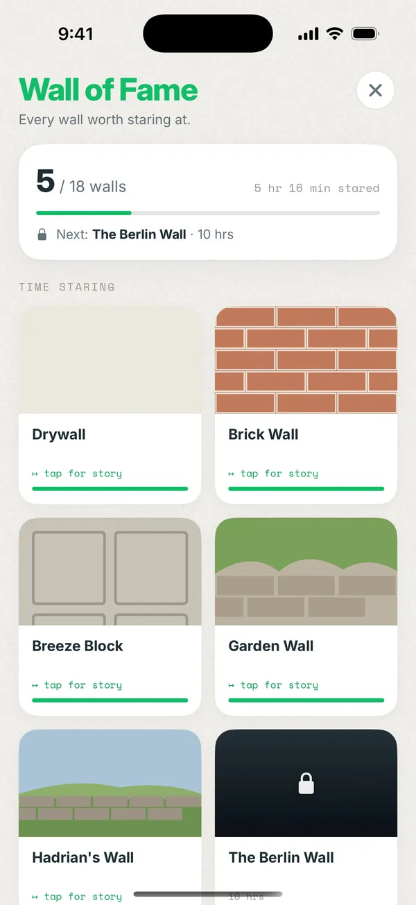 Wall Stare Wall of Fame screen: 5 of 18 walls unlocked, with drywall, brick, breeze block and garden wall earned